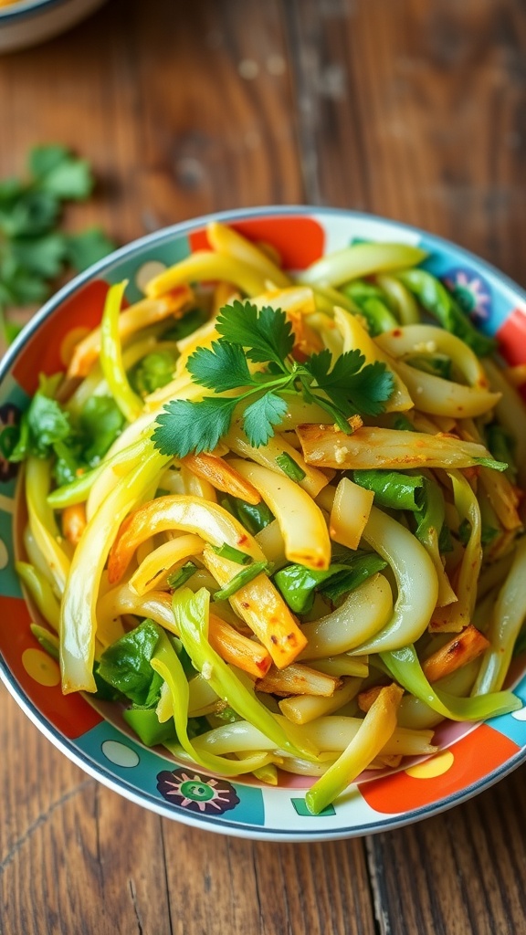 Spicy Cabbage Stir-Fry Recipe A colorful plate of spicy cabbage stir-fry with fresh coriander on a rustic wooden table.